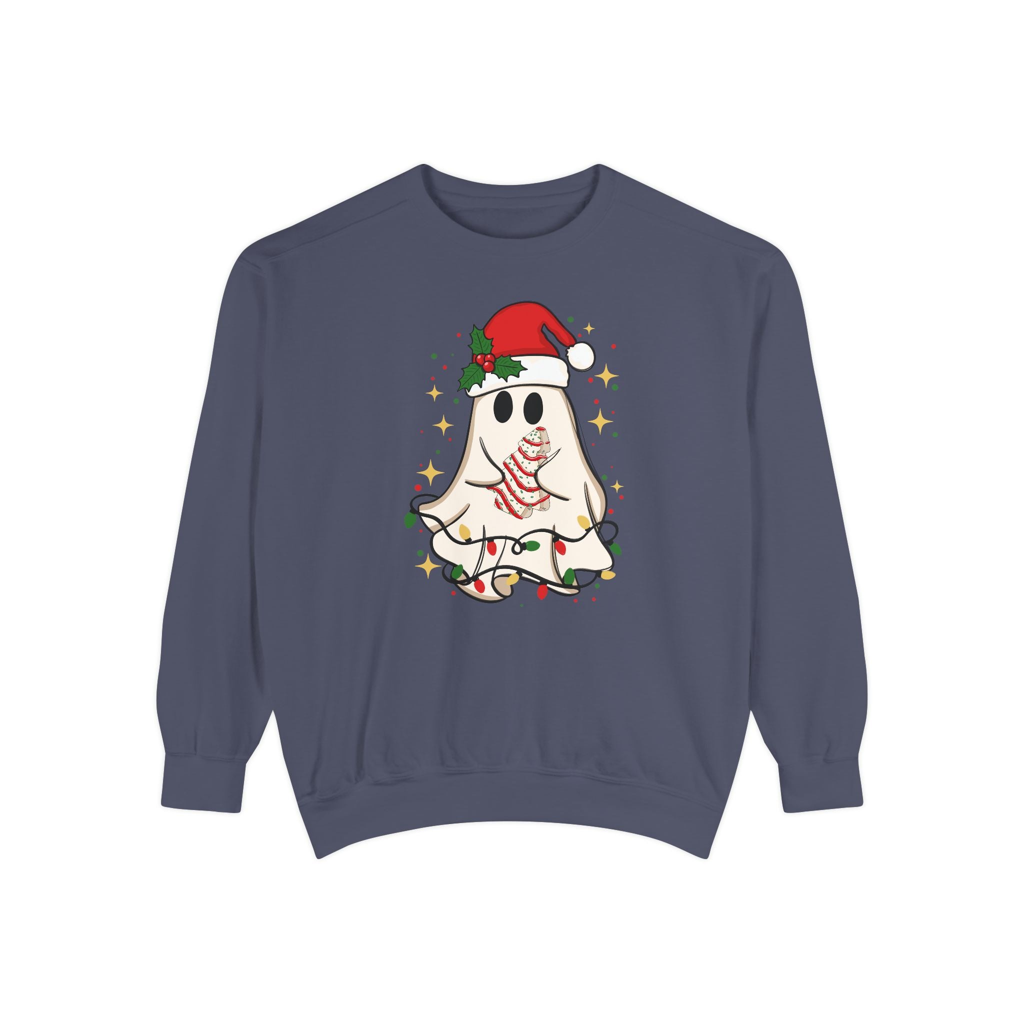 Festive Ghost Sweatshirt - Unisex Garment-Dyed Christmas Top