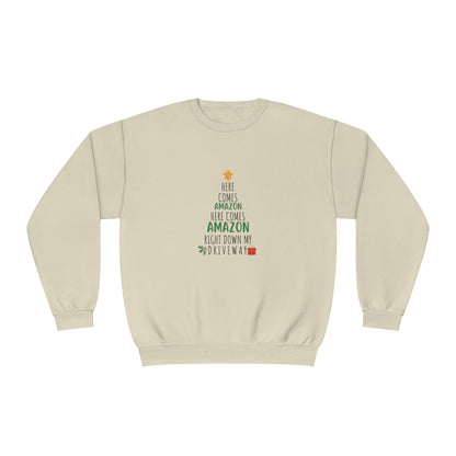 Funny Holiday Crewneck | Amazon Funny Crewneck | Christmas Crewneck | Here Comes Amazon | Unisex Crewneck Sweatshirt