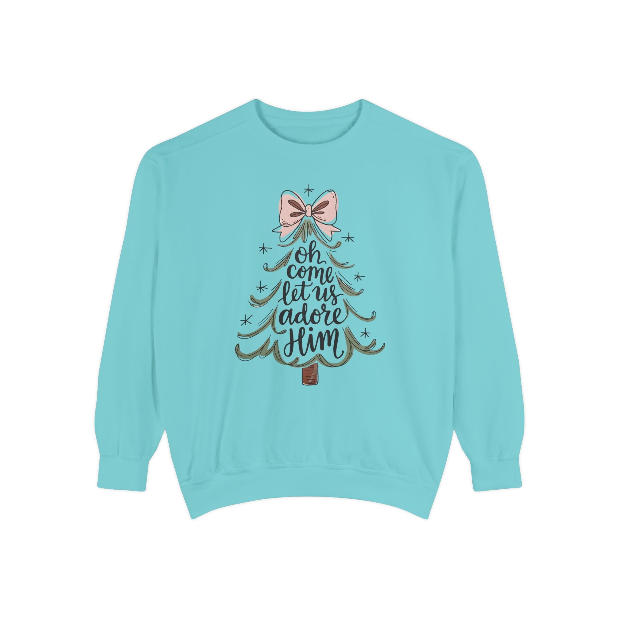 &quot;Oh Come Let Us Adore Him&quot; - Christmas Tree Sweatshirt - Unisex Garment-Dyed