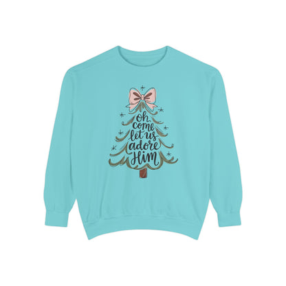 &quot;Oh Come Let Us Adore Him&quot; - Christmas Tree Sweatshirt - Unisex Garment-Dyed