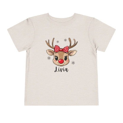 Adorable Toddler Short Sleeve Tee with Reindeer Design - Personalized Holiday T-Shirt for Kids