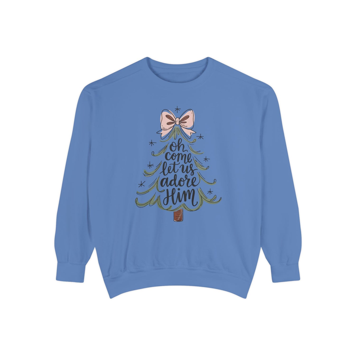 &quot;Oh Come Let Us Adore Him&quot; - Christmas Tree Sweatshirt - Unisex Garment-Dyed