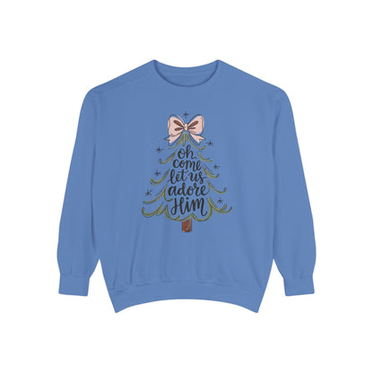 &quot;Oh Come Let Us Adore Him&quot; - Christmas Tree Sweatshirt - Unisex Garment-Dyed