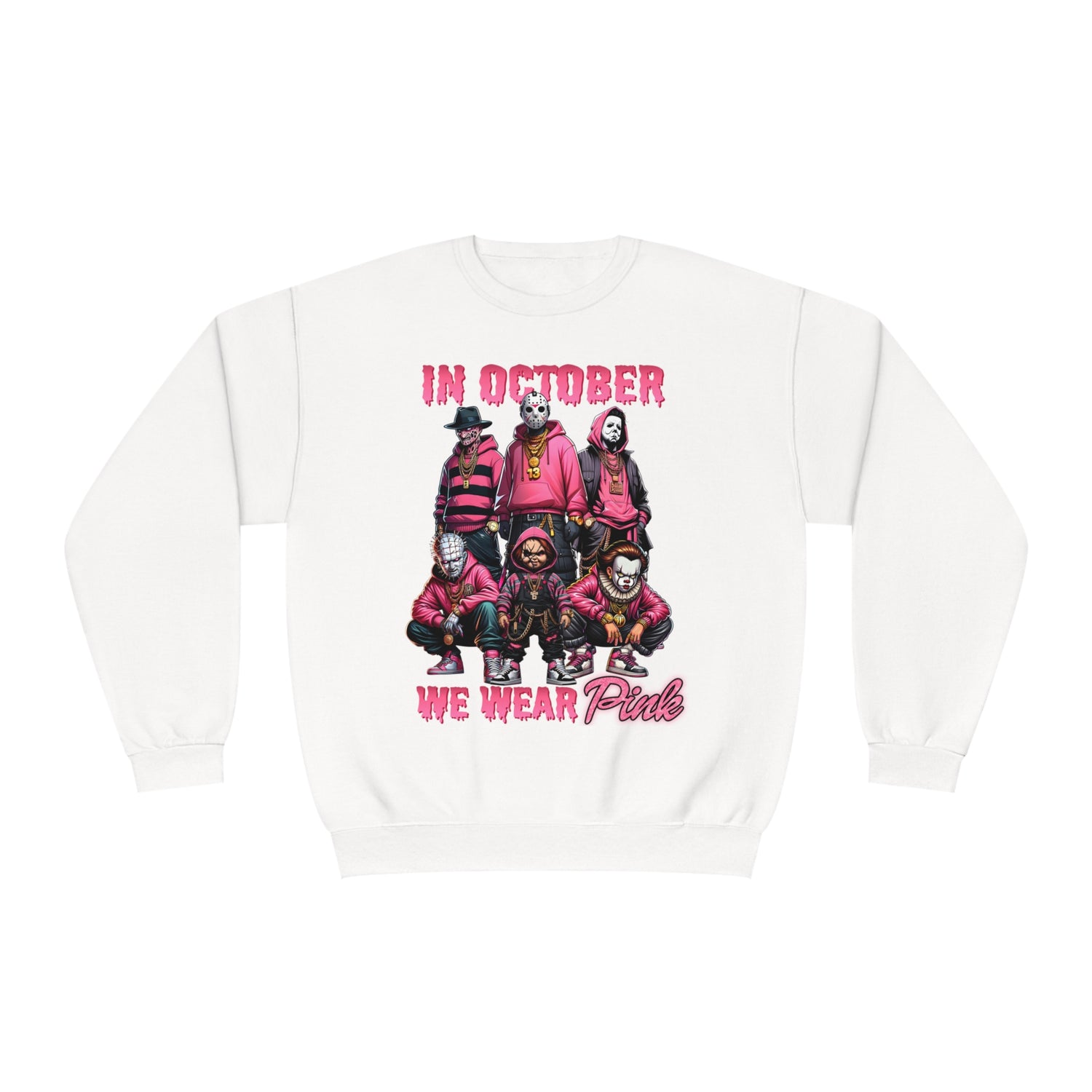 Horror Movie Crewneck | In October we Wear Pink Crewneck | Unisex NuBlend® Crewneck Sweatshirt