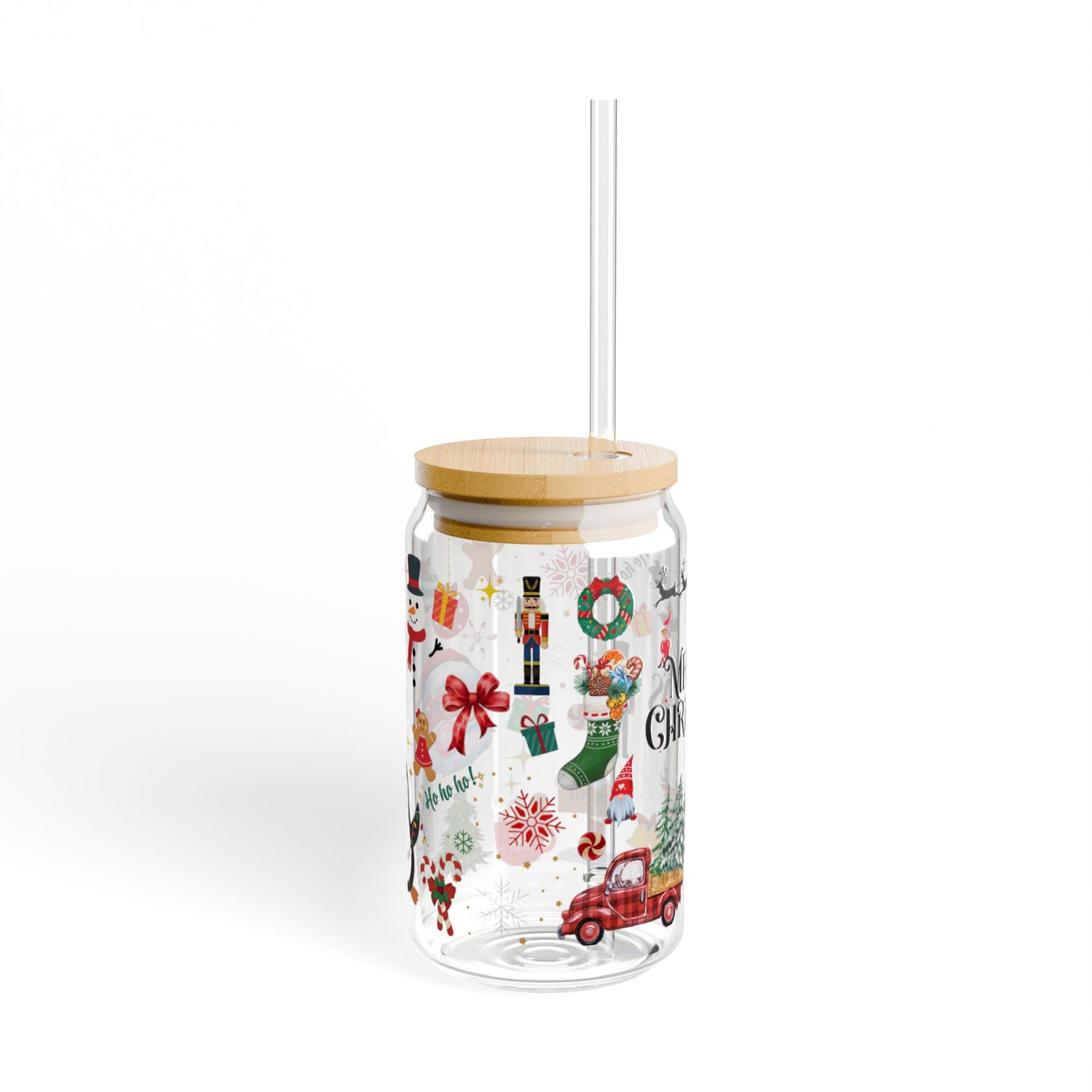 Christmas-Themed 16oz Sipper Glass with Straw | Merry Christmas Design | Holiday Drinkware