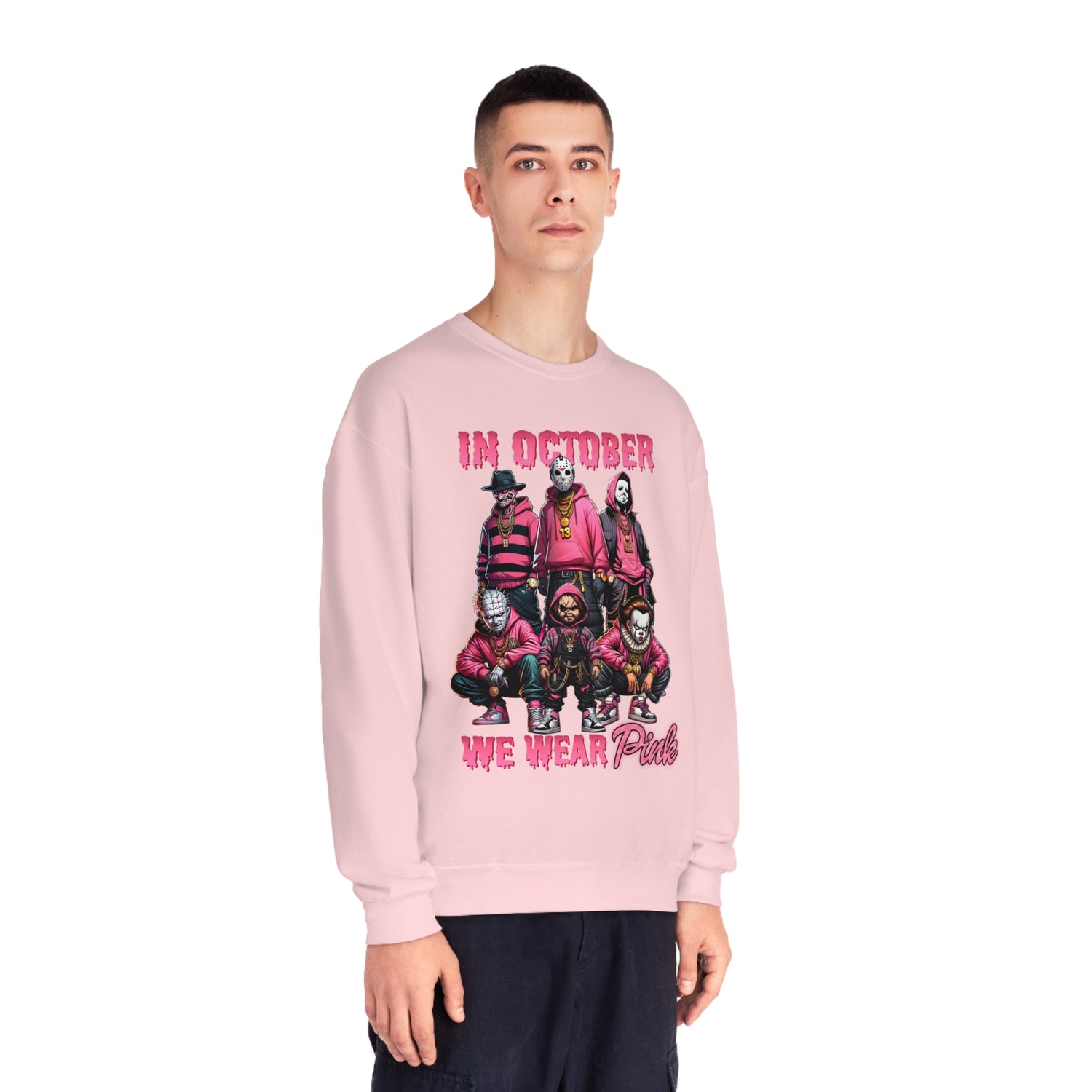 Horror Movie Crewneck | In October we Wear Pink Crewneck | Unisex NuBlend® Crewneck Sweatshirt