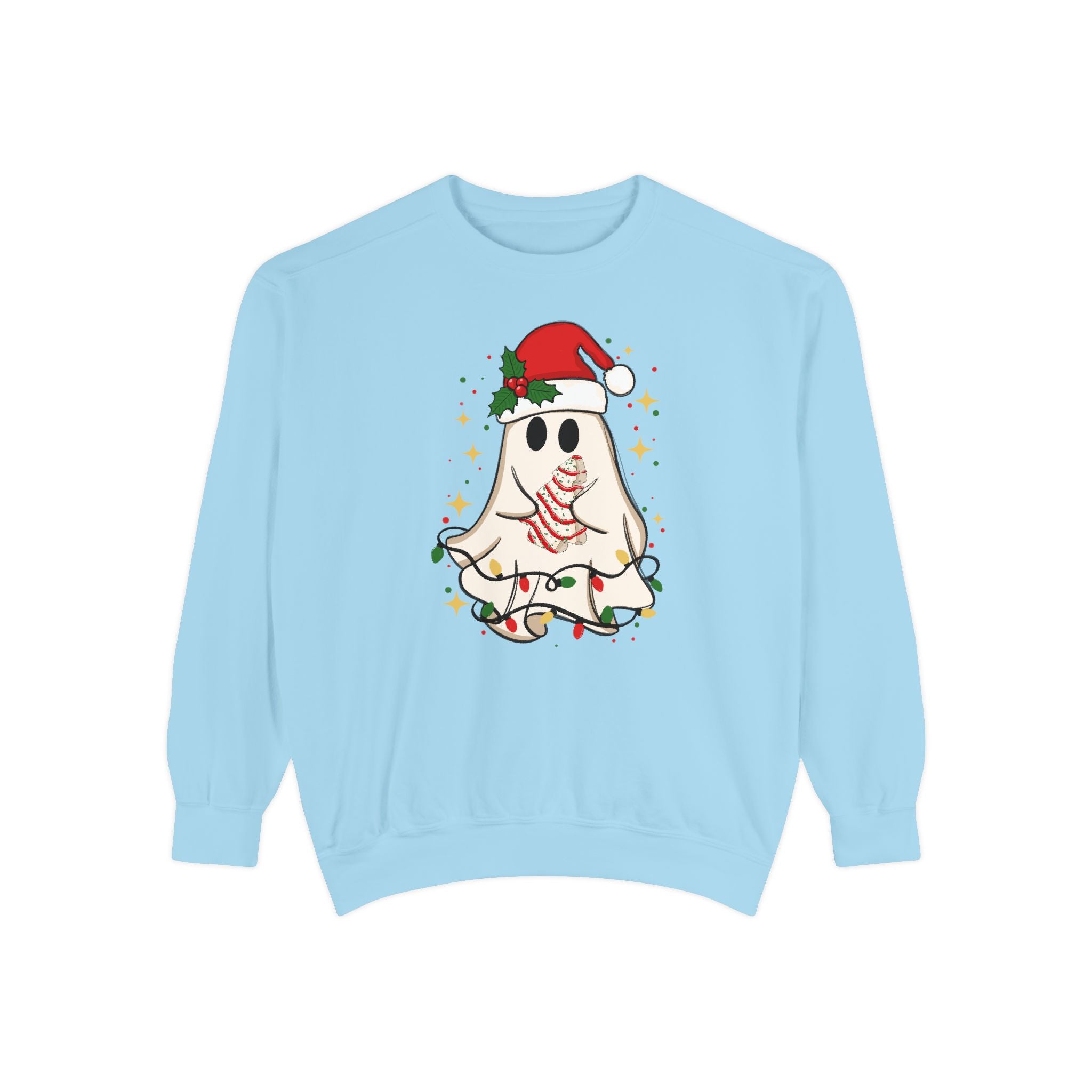 Festive Ghost Sweatshirt - Unisex Garment-Dyed Christmas Top