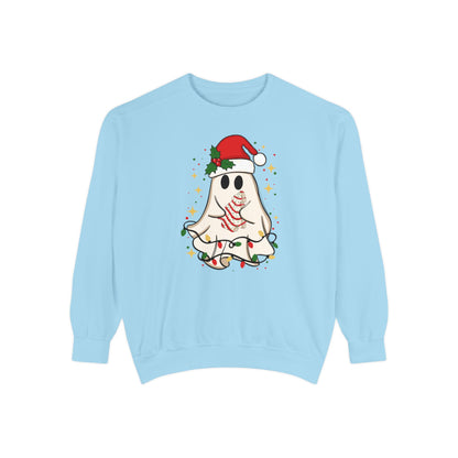 Festive Ghost Sweatshirt - Unisex Garment-Dyed Christmas Top