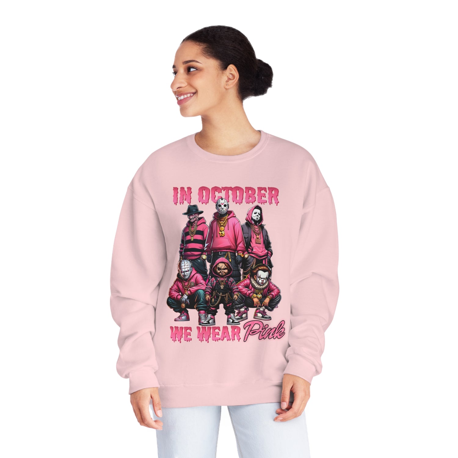 Horror Movie Crewneck | In October we Wear Pink Crewneck | Unisex NuBlend® Crewneck Sweatshirt