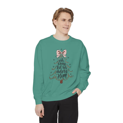 &quot;Oh Come Let Us Adore Him&quot; - Christmas Tree Sweatshirt - Unisex Garment-Dyed