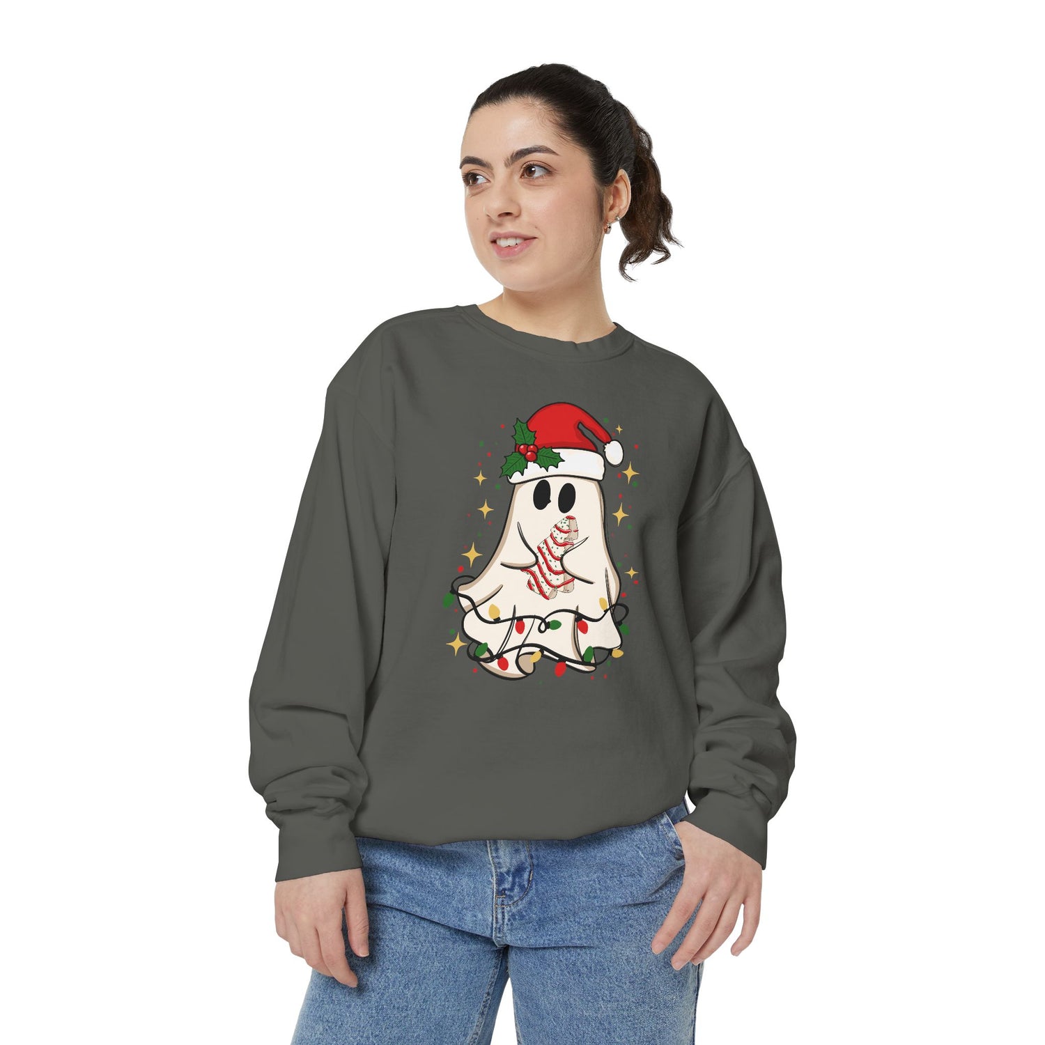 Festive Ghost Sweatshirt - Unisex Garment-Dyed Christmas Top