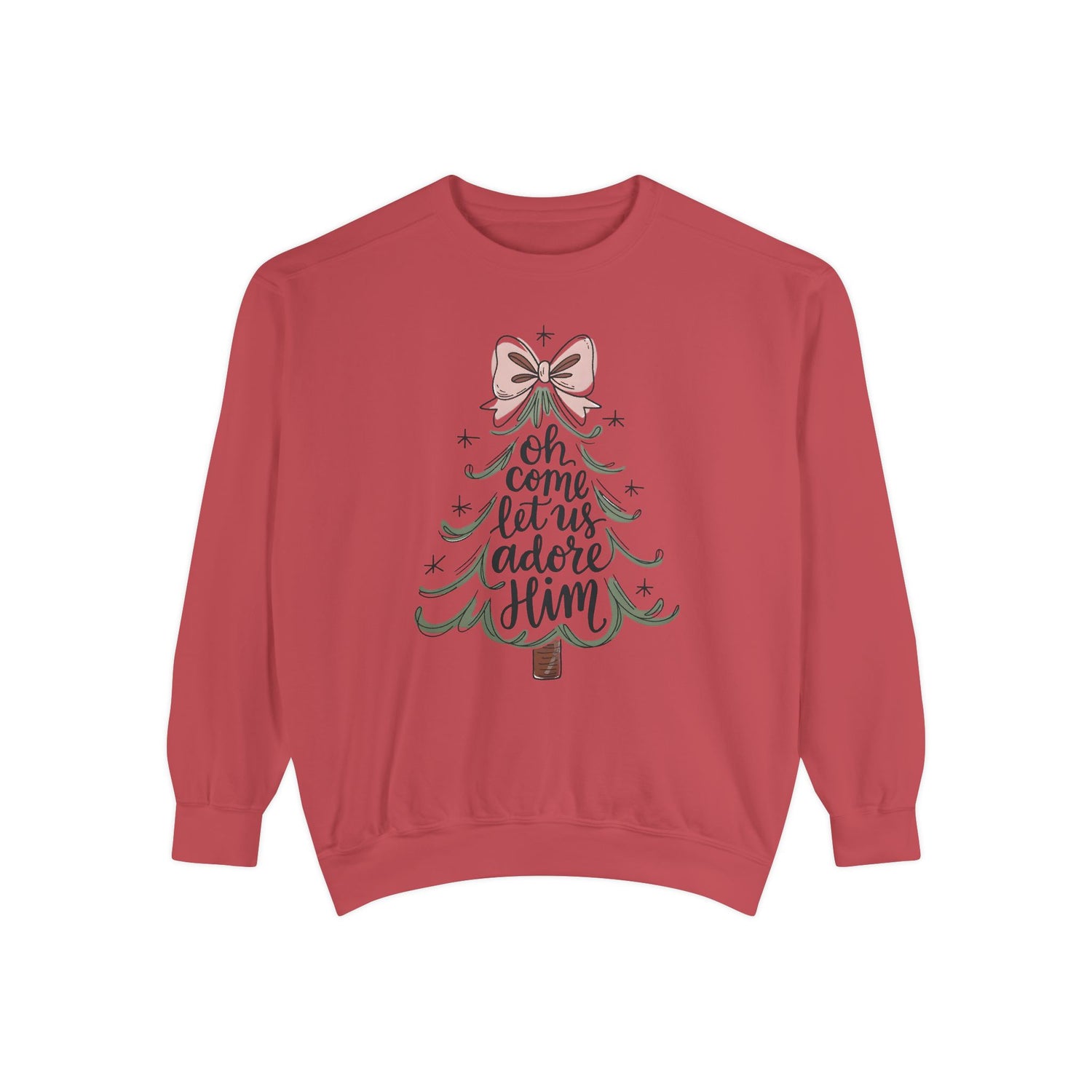 &quot;Oh Come Let Us Adore Him&quot; - Christmas Tree Sweatshirt - Unisex Garment-Dyed