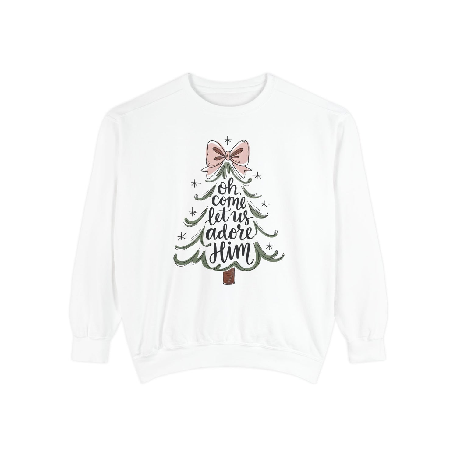 &quot;Oh Come Let Us Adore Him&quot; - Christmas Tree Sweatshirt - Unisex Garment-Dyed