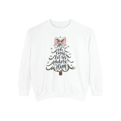 &quot;Oh Come Let Us Adore Him&quot; - Christmas Tree Sweatshirt - Unisex Garment-Dyed