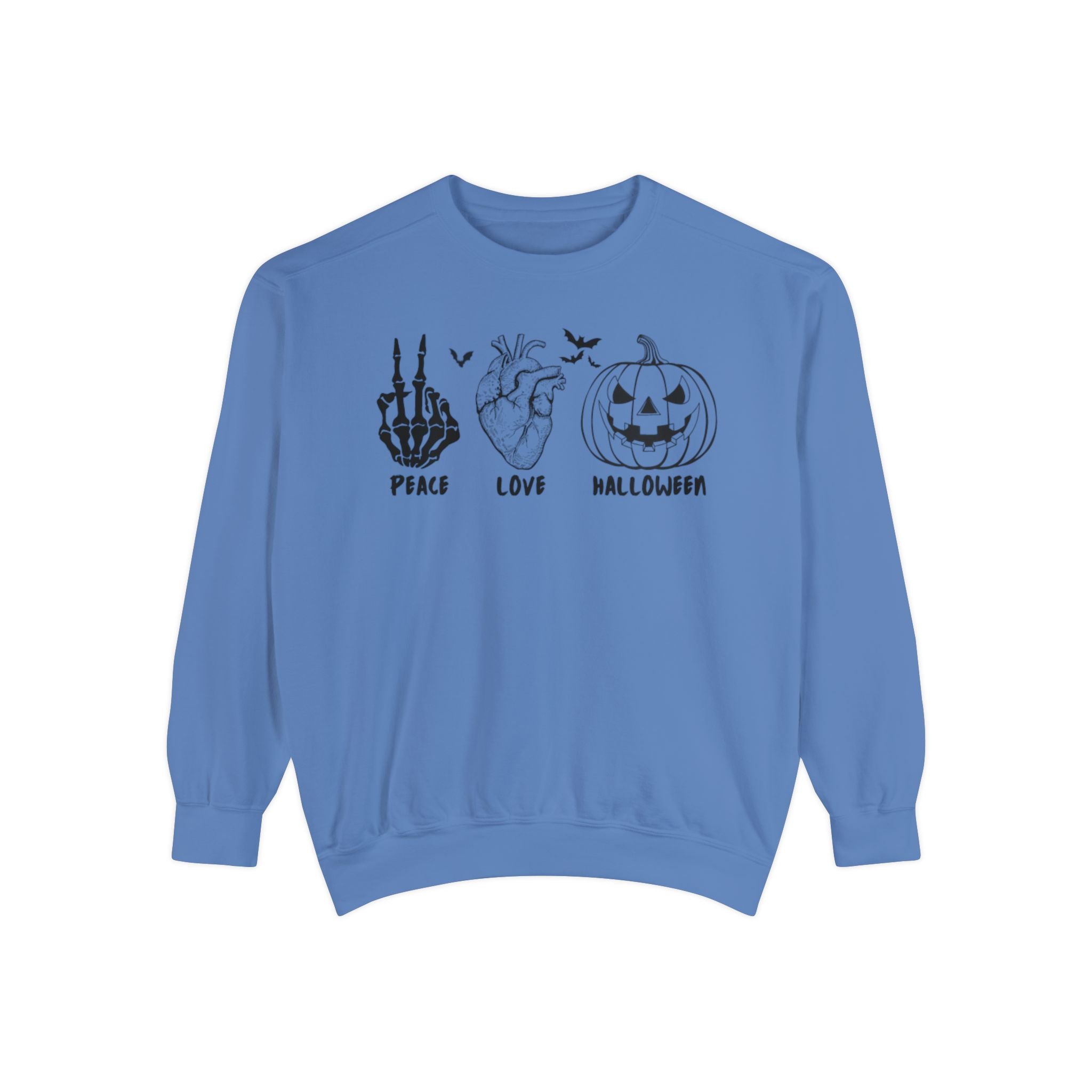 Peace Love Halloween Crewneck | Halloween Crewneck | Unisex Garment-Dyed Sweatshirt