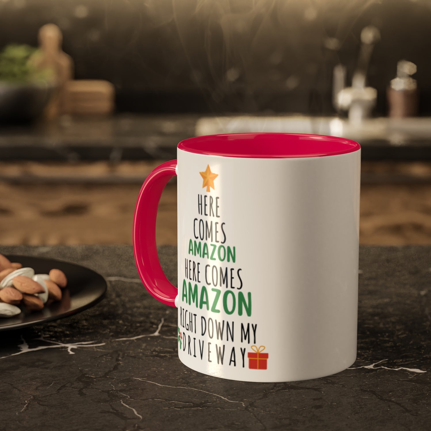 Here Comes Amazon | Funny Christmas Mug | Colorful Mugs, 11oz