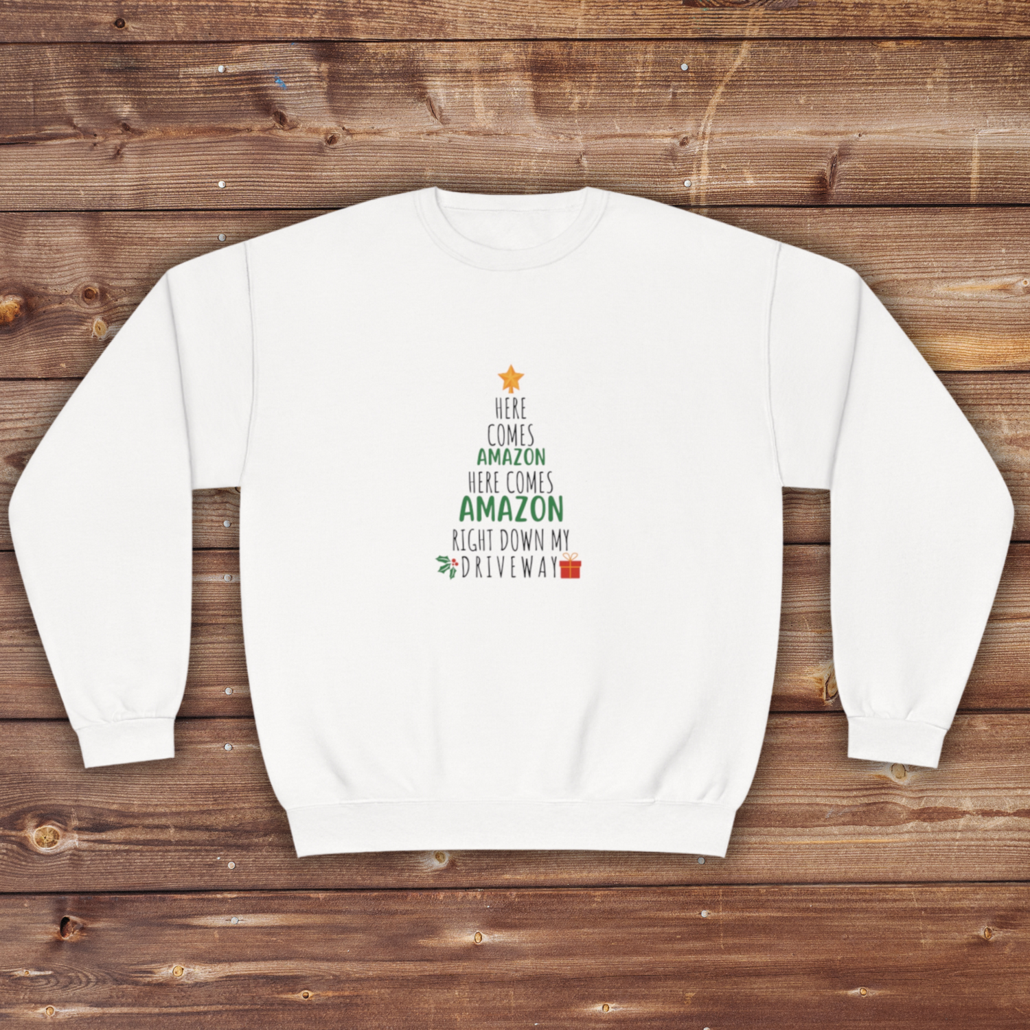 Funny Holiday Crewneck | Amazon Funny Crewneck | Christmas Crewneck | Here Comes Amazon | Unisex Crewneck Sweatshirt