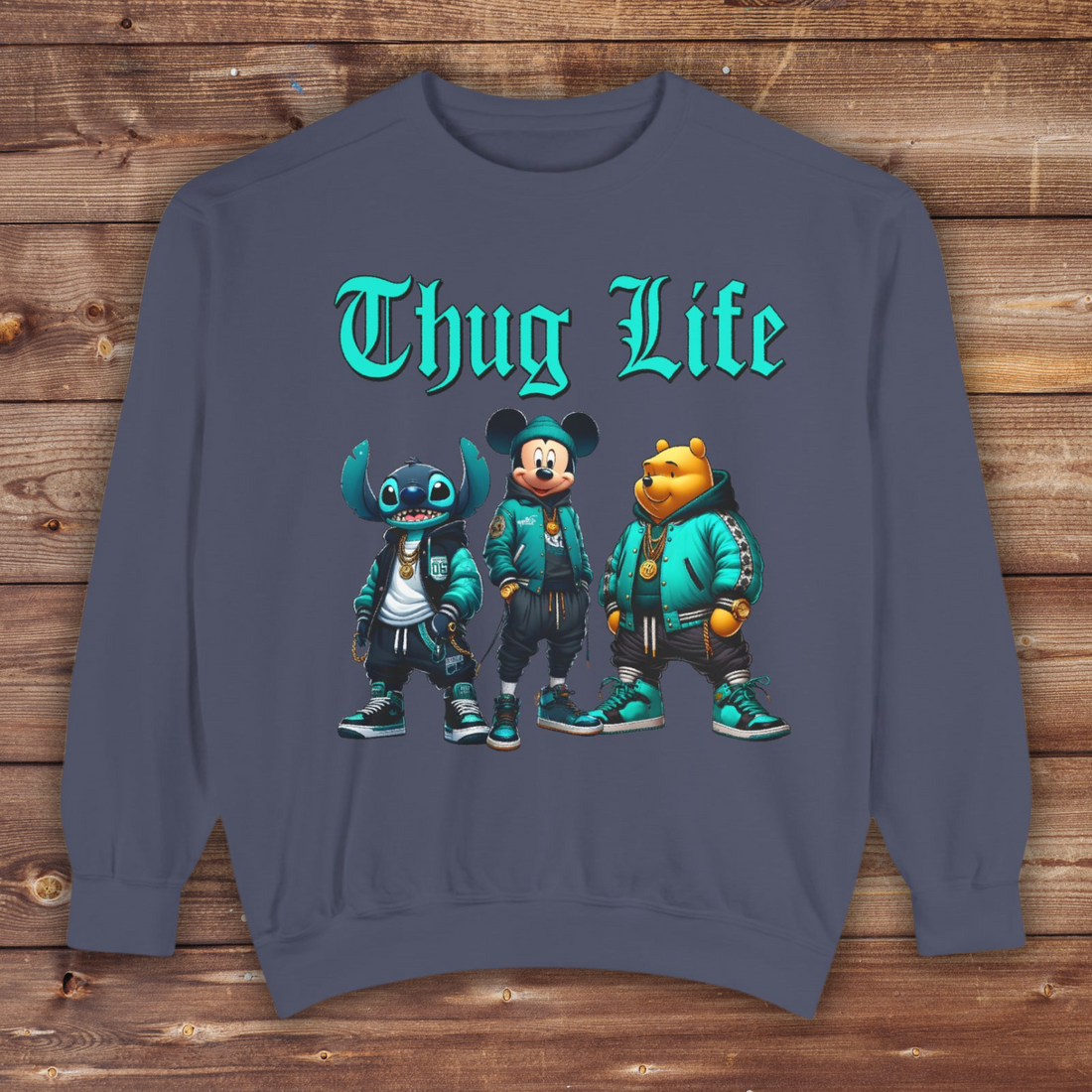 Mickey Stitch Pooh Thug Life Crewneck | Unisex Garment-Dyed Sweatshirt