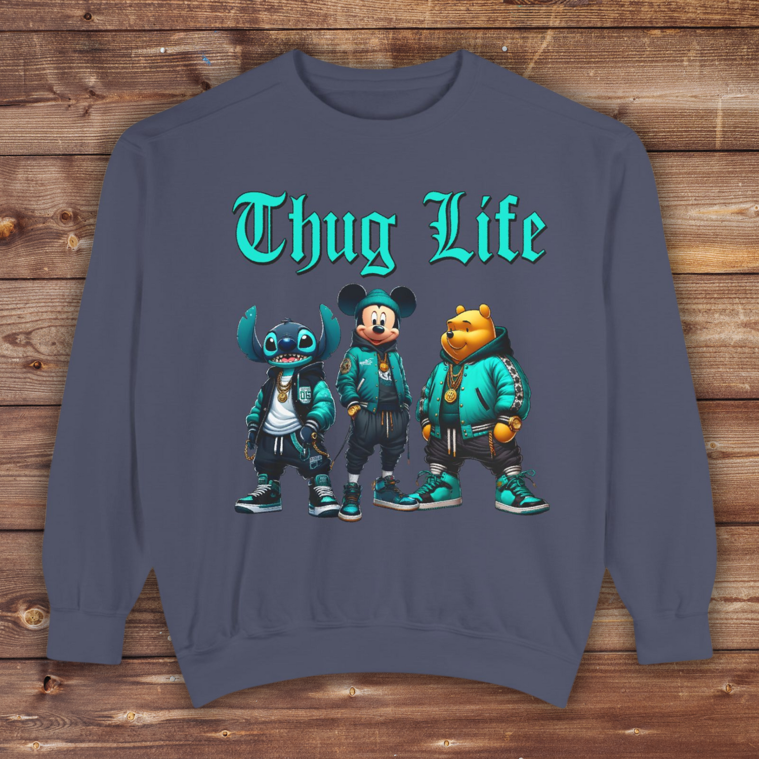 Mickey Stitch Pooh Thug Life Crewneck | Unisex Garment-Dyed Sweatshirt