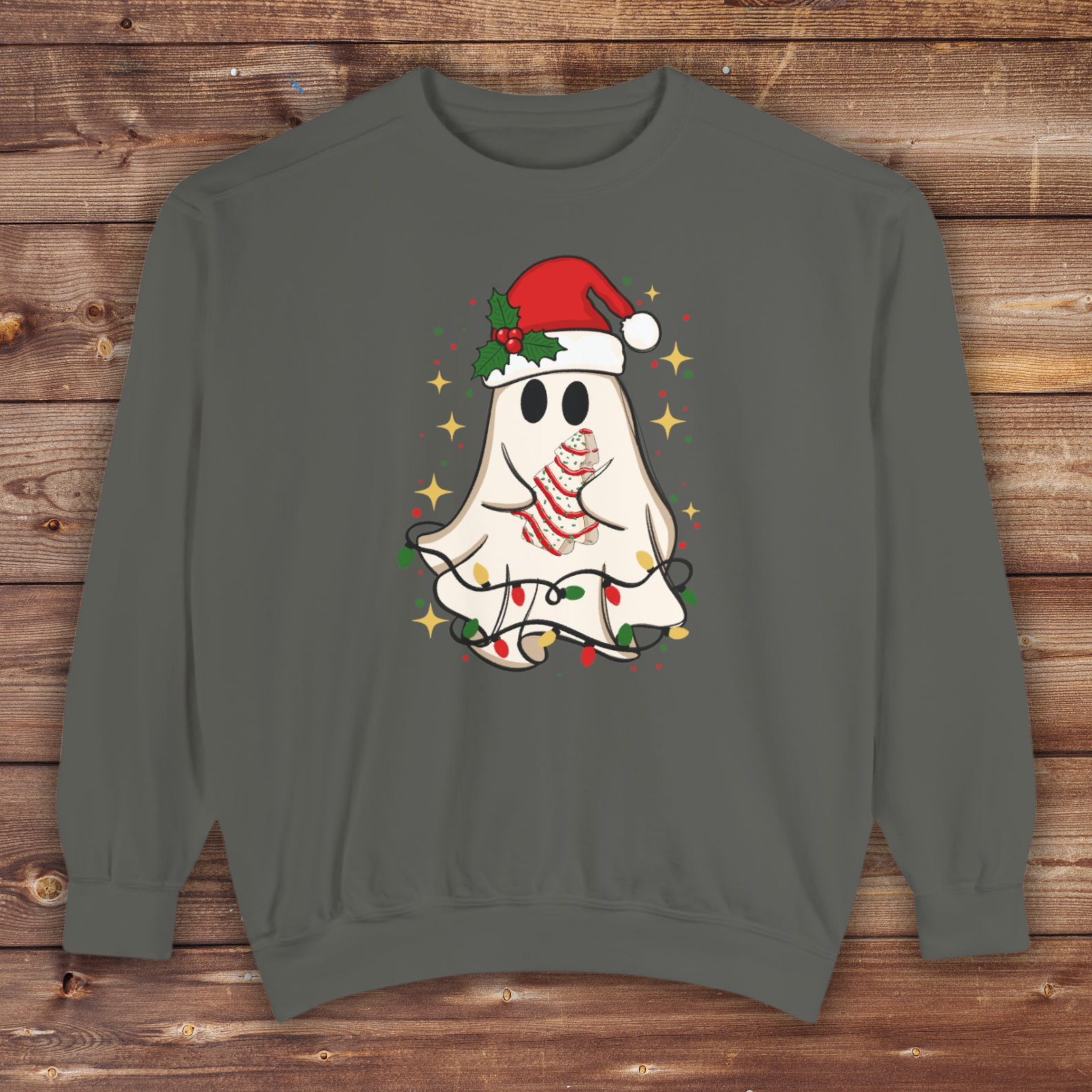 Festive Ghost Sweatshirt - Unisex Garment-Dyed Christmas Top