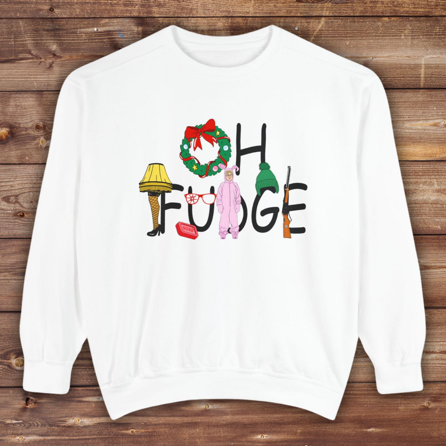 Funny Holiday Sweatshirt - &quot;OH FUDGE!&quot; &amp; A Christmas Story Design | Unisex Crewneck