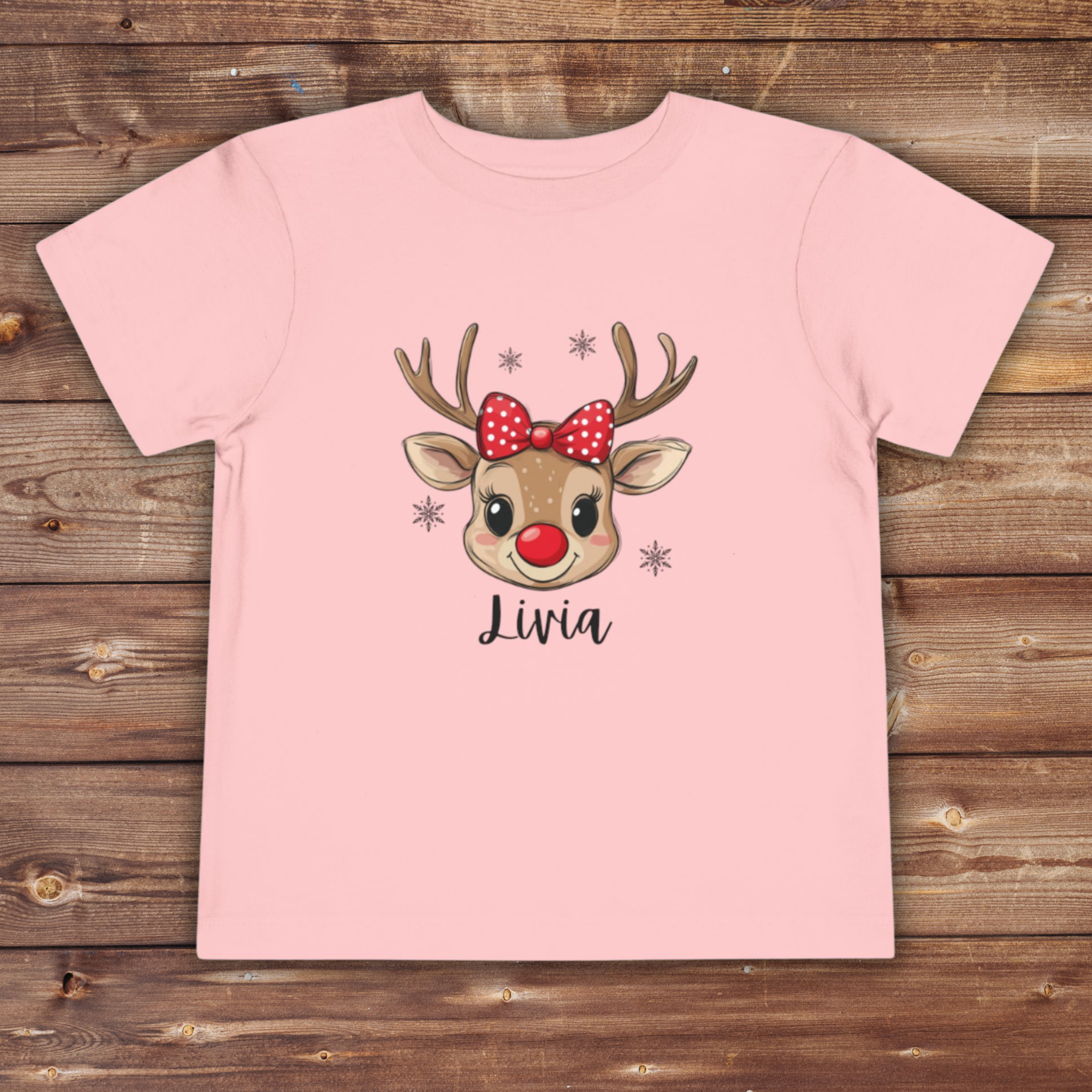 Adorable Toddler Short Sleeve Tee with Reindeer Design - Personalized Holiday T-Shirt for Kids