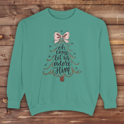 &quot;Oh Come Let Us Adore Him&quot; - Christmas Tree Sweatshirt - Unisex Garment-Dyed