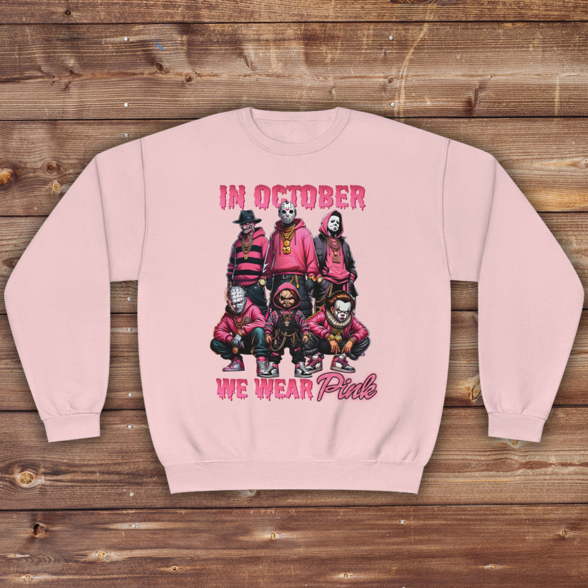 Horror Movie Crewneck | In October we Wear Pink Crewneck | Unisex NuBlend® Crewneck Sweatshirt