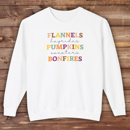 Fall Festive Crewneck | Flannels Hayrides Pumpkins Sweaters Bonfires | Unisex Lightweight Crewneck Sweatshirt