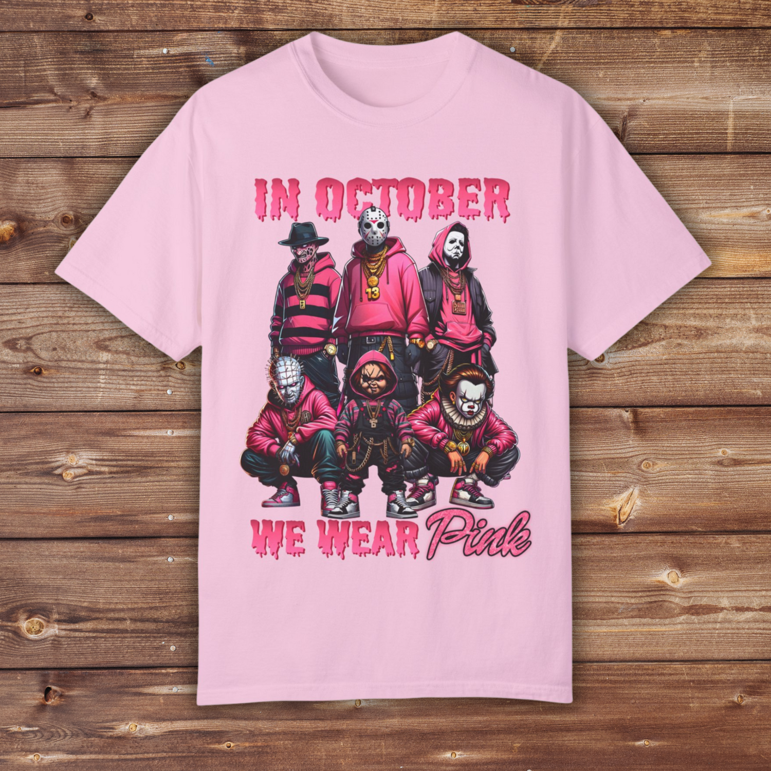 Horror Movie T-shirt | In October We Wear Pink T-shirt | Unisex Garment-Dyed T-shirt